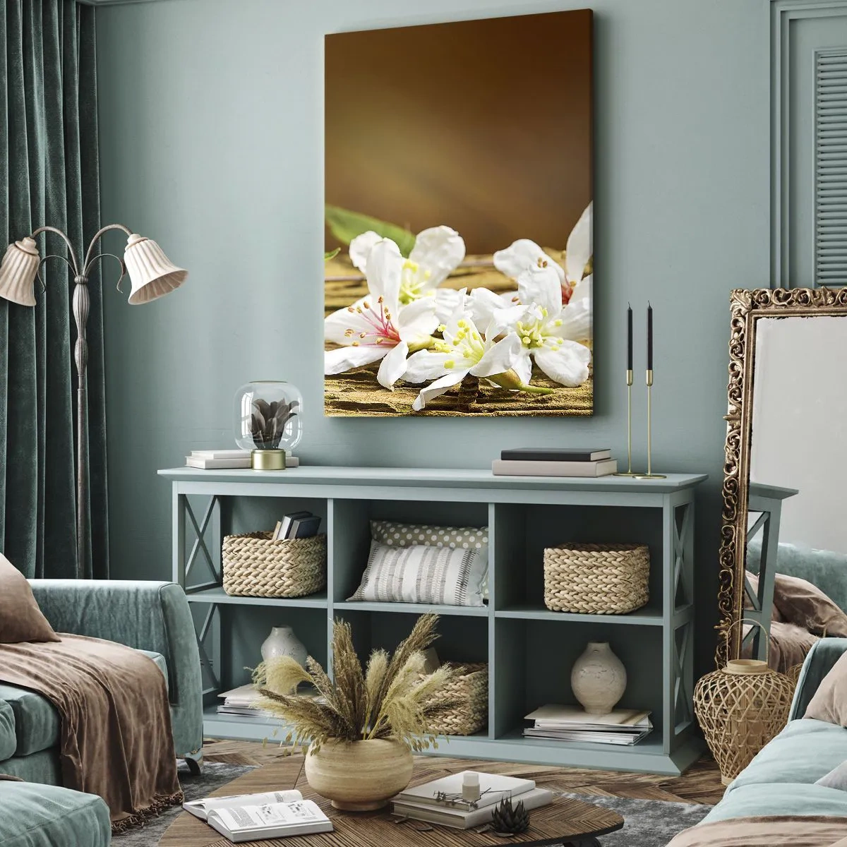 Impression sur toile - Image sur toile - Fleurs blanches sur fond de bois à la lumière naturelle - 50x70cm - Une promesse innocente - Décoration murale moderne pour le salon et la chambre ARTTOR