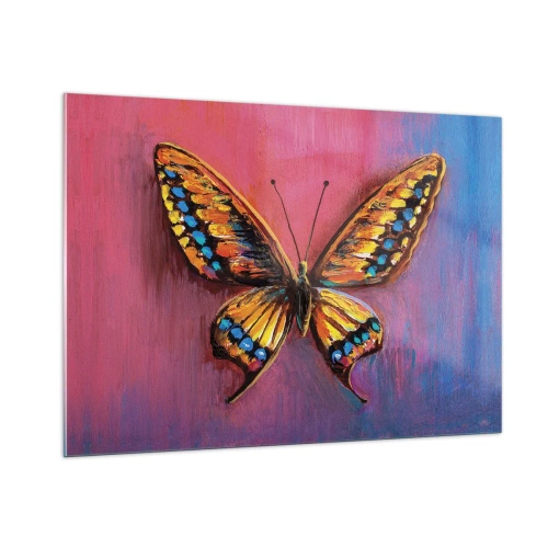 Impression sur verre - Image sur verre - Un papillon coloré sur un fond aux tons roses et violets - 100x70cm - Un joyau de la nature - Décoration murale moderne pour le salon et la chambre ARTTOR