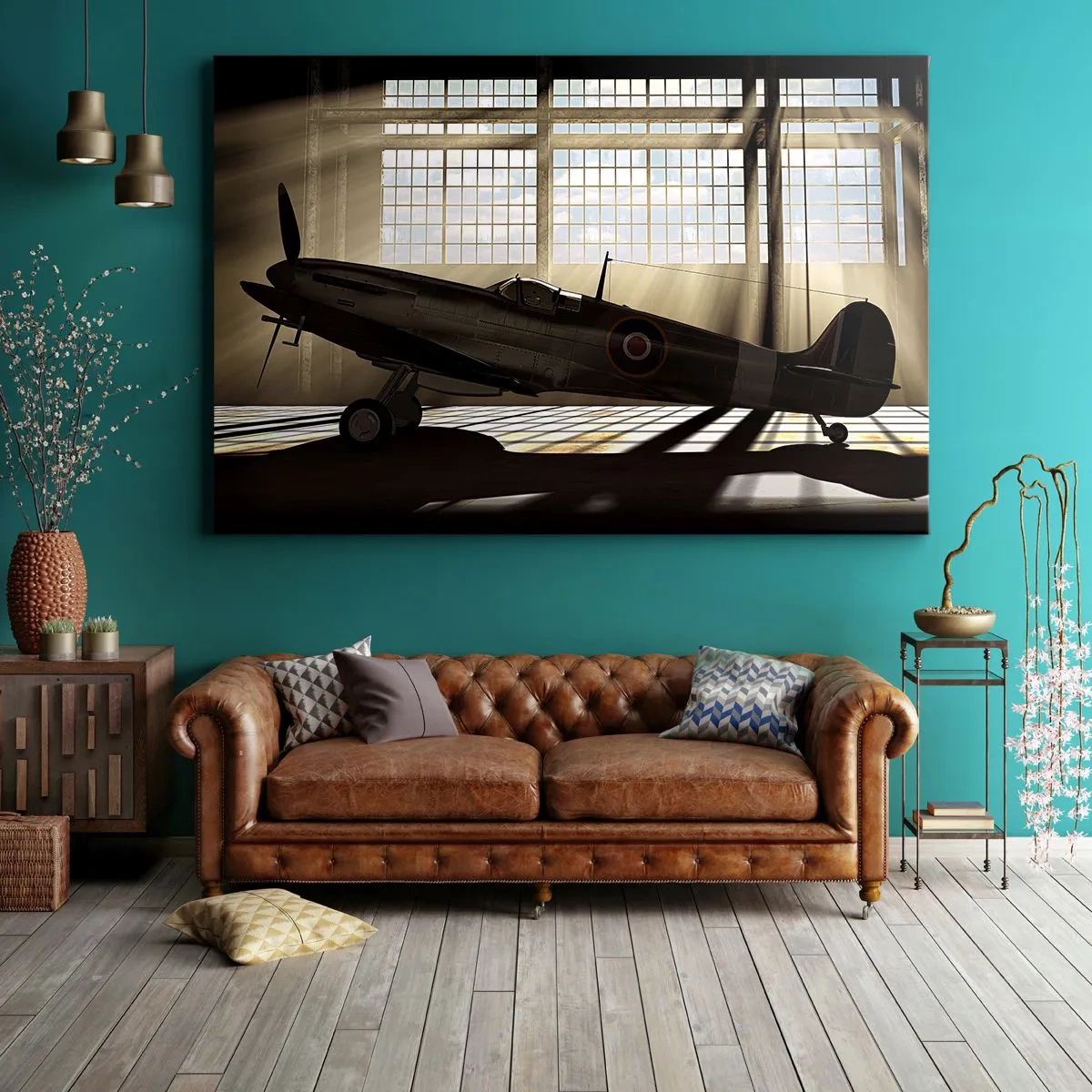 Impression sur toile - Image sur toile - Un avion historique dans un hangar éclairé par la lumière du soleil - 70x50cm - Le repos du guerrier - Décoration murale moderne pour le salon et la chambre ARTTOR
