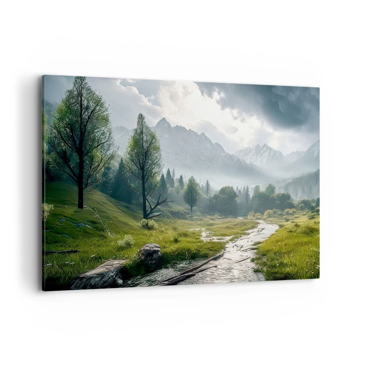 Impression sur toile - Image sur toile - Un paysage de montagne avec une rivière et des arbres entourés de montagnes brumeuses - 120x80cm - Aller et retour - Décoration murale moderne pour le salon et la chambre ARTTOR