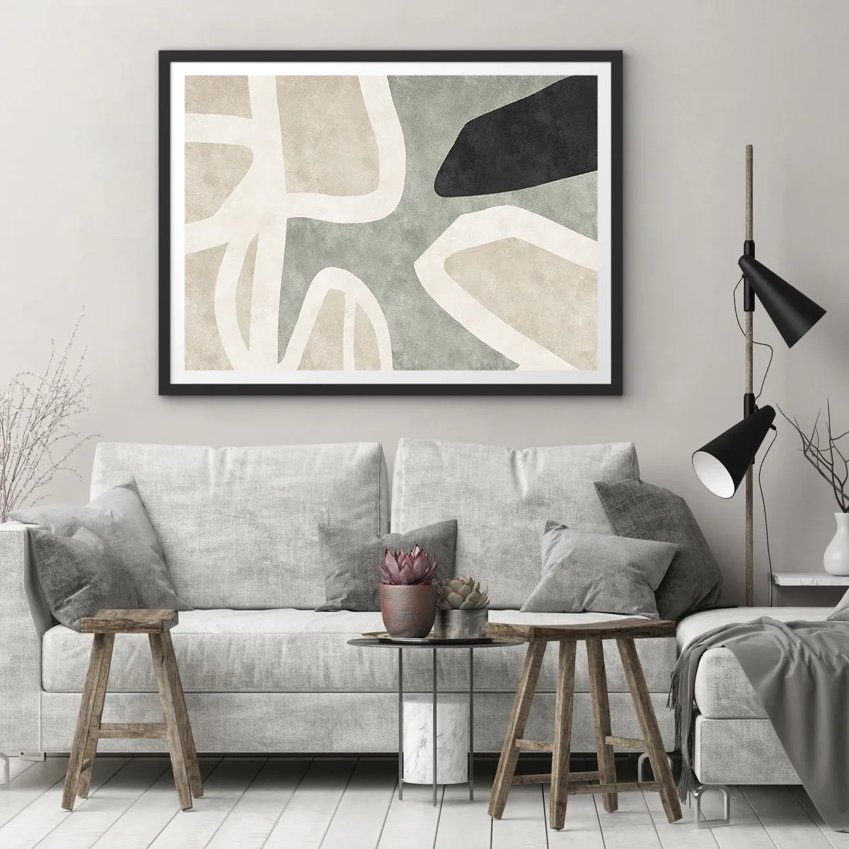 Affiche dans un cadre noir - Poster - Formes abstraites aux couleurs tamisées - 100x70cm - Composition pour motif noir - Décoration murale moderne pour le salon et la chambre ARTTOR