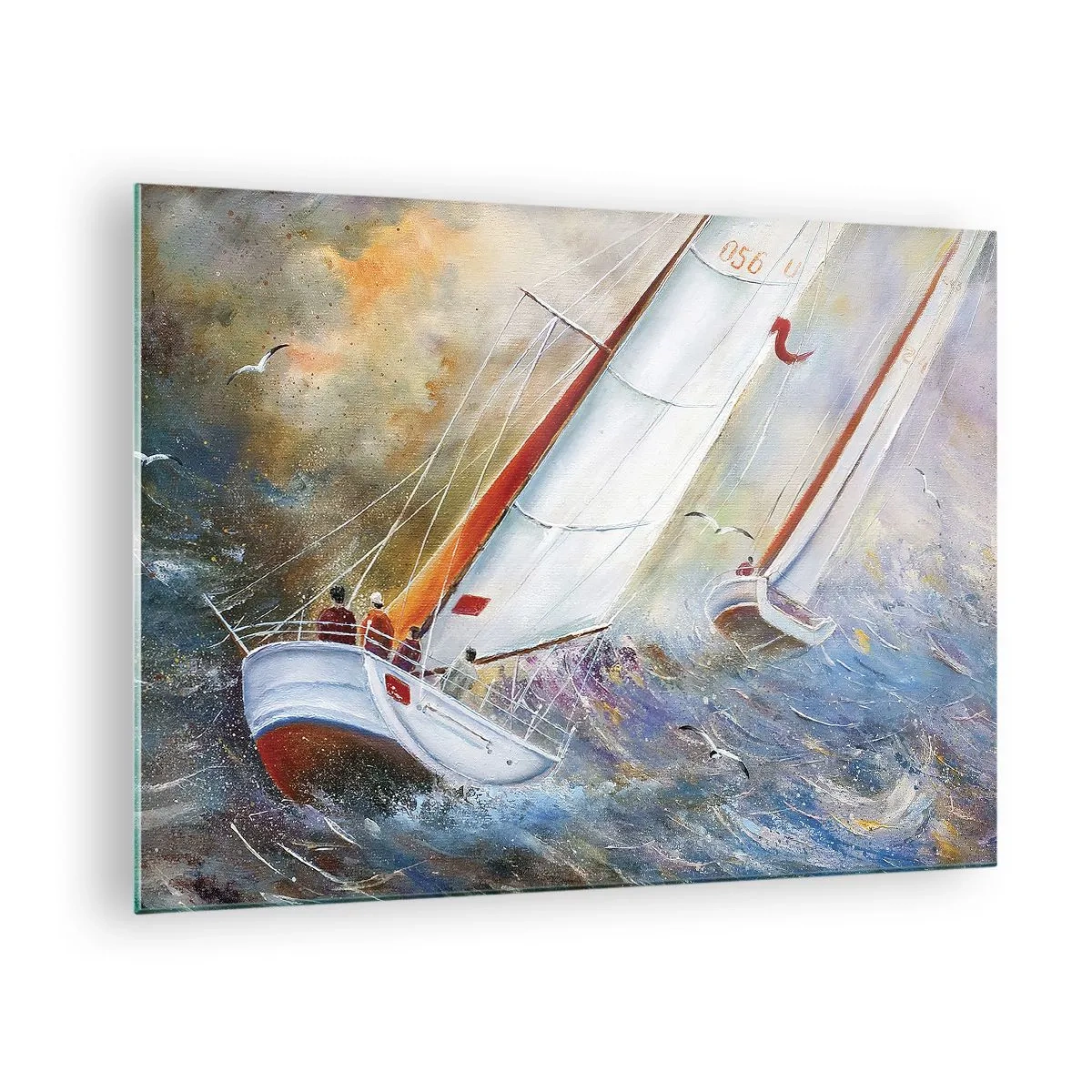 Impression sur verre - Image sur verre - Voiliers dans une mer agitée lors d'une régate - 70x50cm - Concourir sur les vagues - Décoration murale moderne pour le salon et la chambre ARTTOR