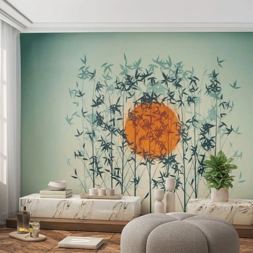 Papier Peint Photo Standard Eco - Soleil rouge derrière la forêt de bambous - 100x70cm - Soleil japonnais - Décoration murale moderne pour le salon et la chambre ARTTOR