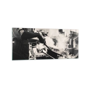 Impression sur verre - Image sur verre - Un chef au travail dans la cuisine avec de la vapeur s'élevant d'une poêle à frire - 120x50cm - Alchimie des saveurs - Décoration murale moderne pour le salon et la chambre ARTTOR