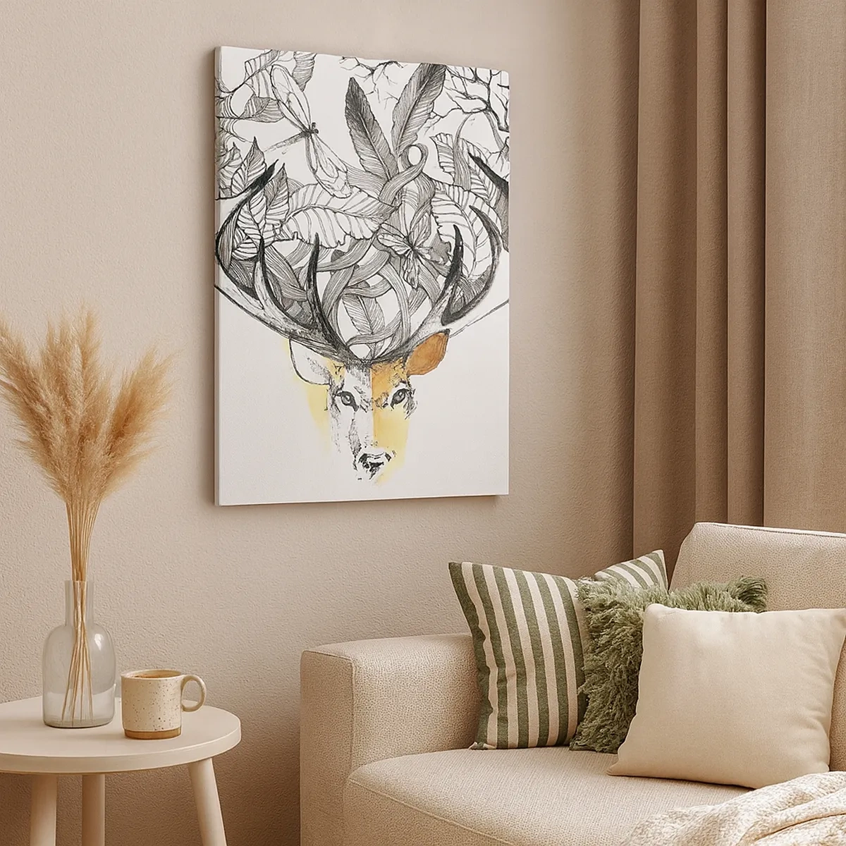 Impression sur toile - Image sur toile - Motif subtil de cerf avec bois décoratifs - 50x70cm - Corne d'abondance - Décoration murale moderne pour le salon et la chambre ARTTOR