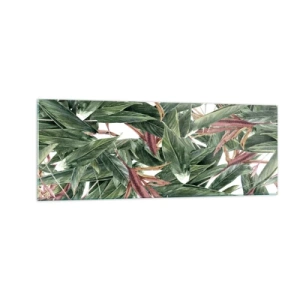 Impression sur verre - Image sur verre - Un motif de feuille décoratif dans des tons de vert et de bordeaux sur un fond clair - 140x50cm - Arbuste émeraude-lilas - Décoration murale moderne pour le salon et la chambre ARTTOR