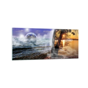 Impression sur verre - Image sur verre - Paysage fantastique avec mer, arbre et coucher de soleil. - 120x50cm - Paysage surréaliste - unité de la nature - Décoration murale moderne pour le salon et la chambre ARTTOR