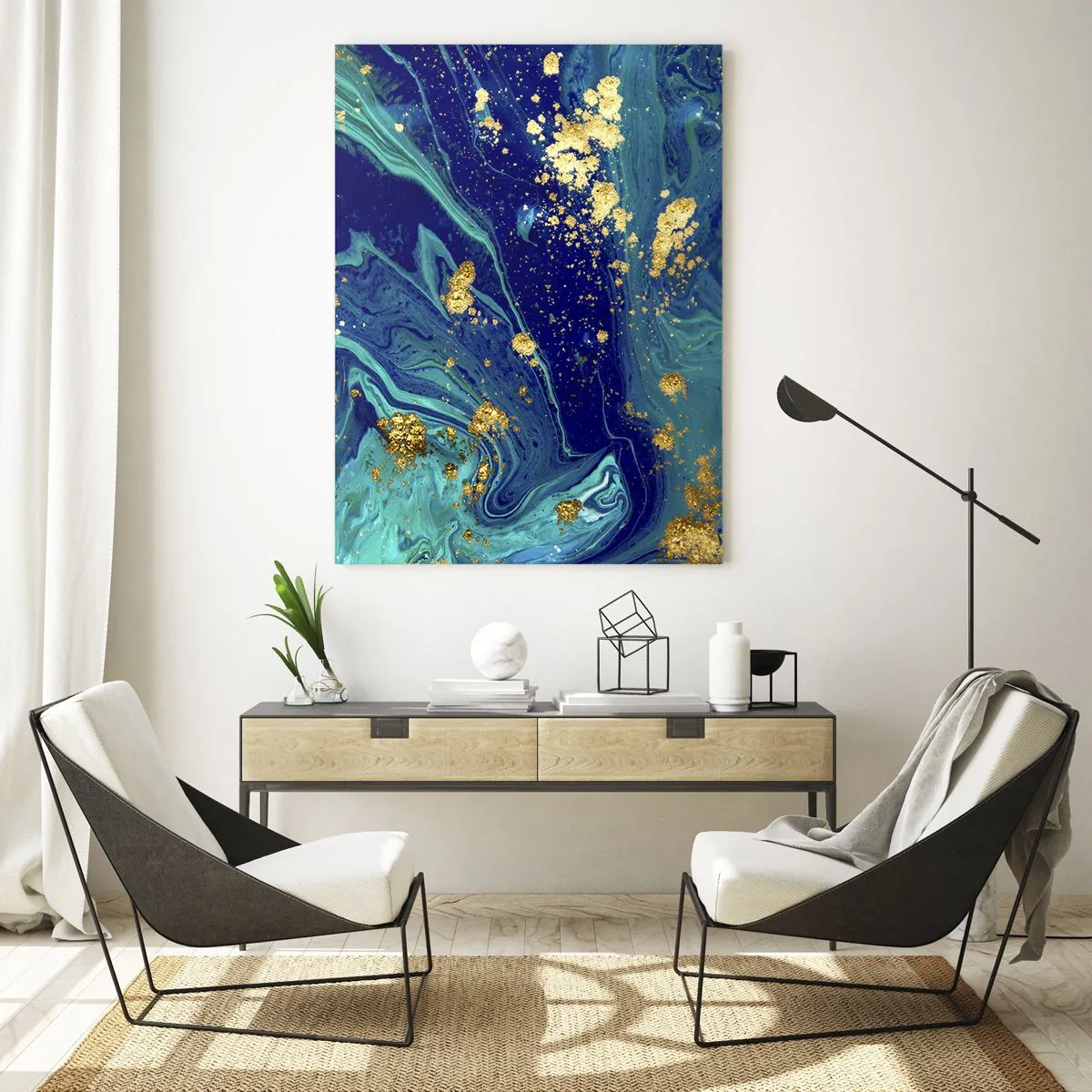 Impression sur verre - Image sur verre - Un motif abstrait dans des tons turquoise et bleu marine avec des accents dorés - 50x70cm - Les pétales du soleil - Décoration murale moderne pour le salon et la chambre ARTTOR