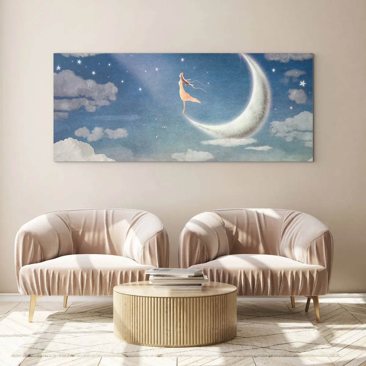 Impression sur verre - Image sur verre - Une femme dans la lune entourée d'étoiles et de nuages - 160x50cm - Valise bleue - Décoration murale moderne pour le salon et la chambre ARTTOR