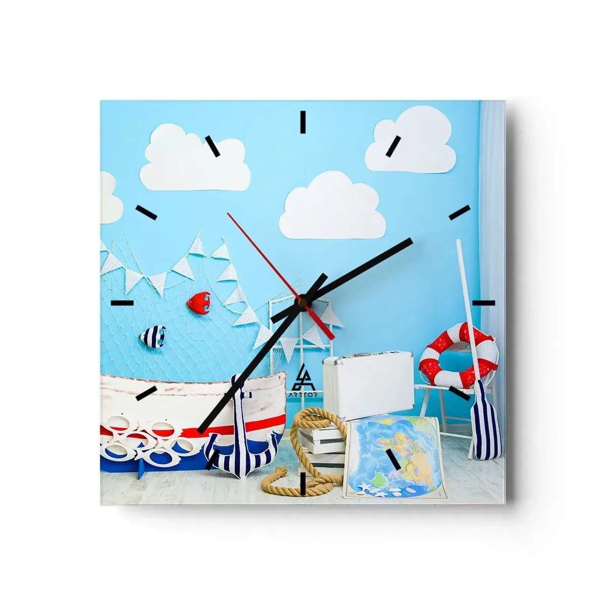 Horloge murale - Pendule murale - Décoration nautique avec un bateau et des accessoires sur fond bleu - 30x30cm - Nostalgie infantile de l'aventure - Décoration murale moderne pour le salon et la chambre ARTTOR