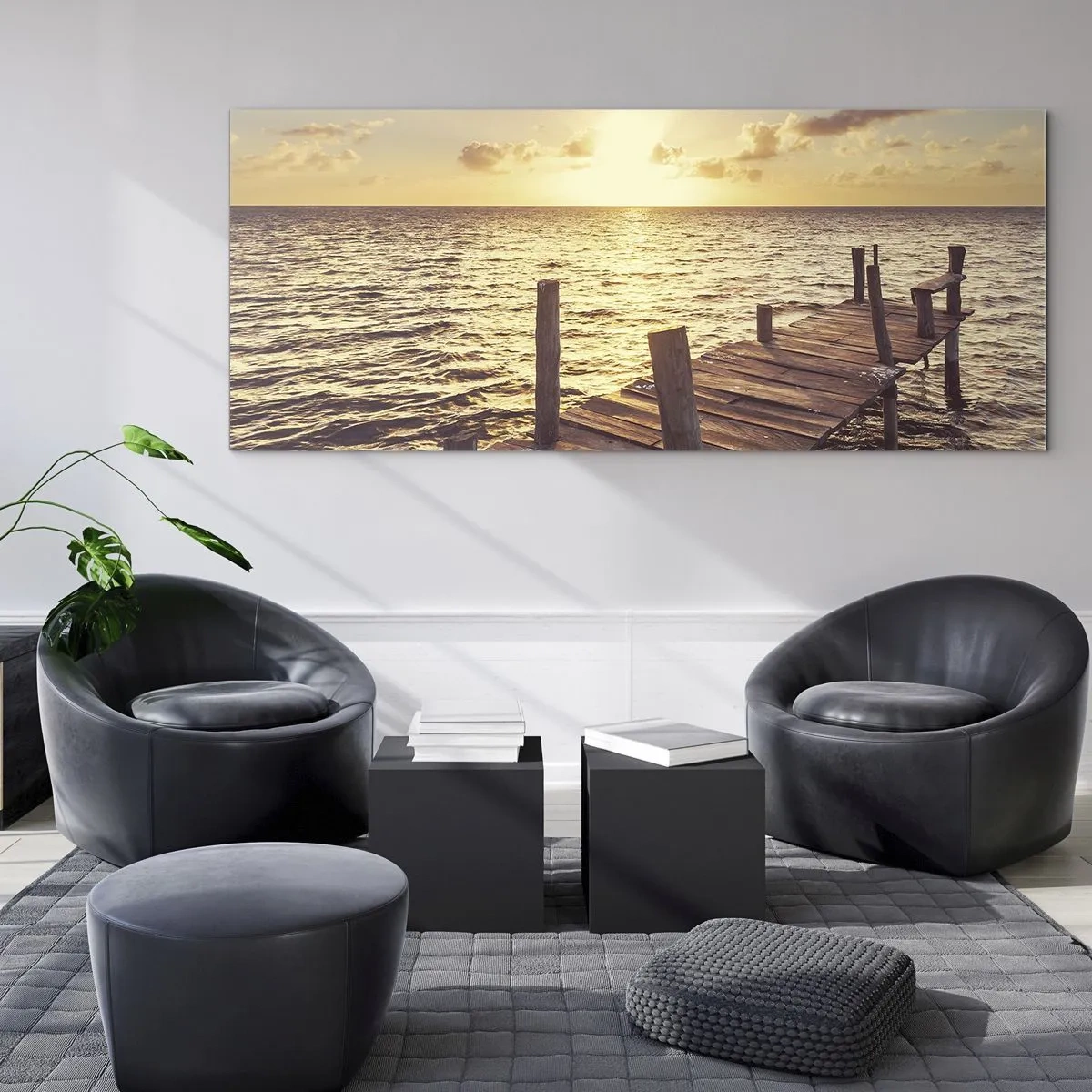 Impression sur verre - Image sur verre - Une jetée en bois menant vers le coucher du soleil - 120x50cm - La terre d'or de la douceur - Décoration murale moderne pour le salon et la chambre ARTTOR