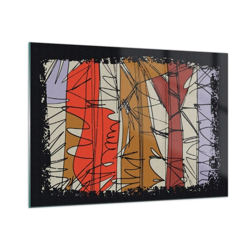 Impression sur verre - Image sur verre - Abstraction graphique avec des rayures colorées et des lignes noires - 100x70cm - Composition spontanée - Décoration murale moderne pour le salon et la chambre ARTTOR