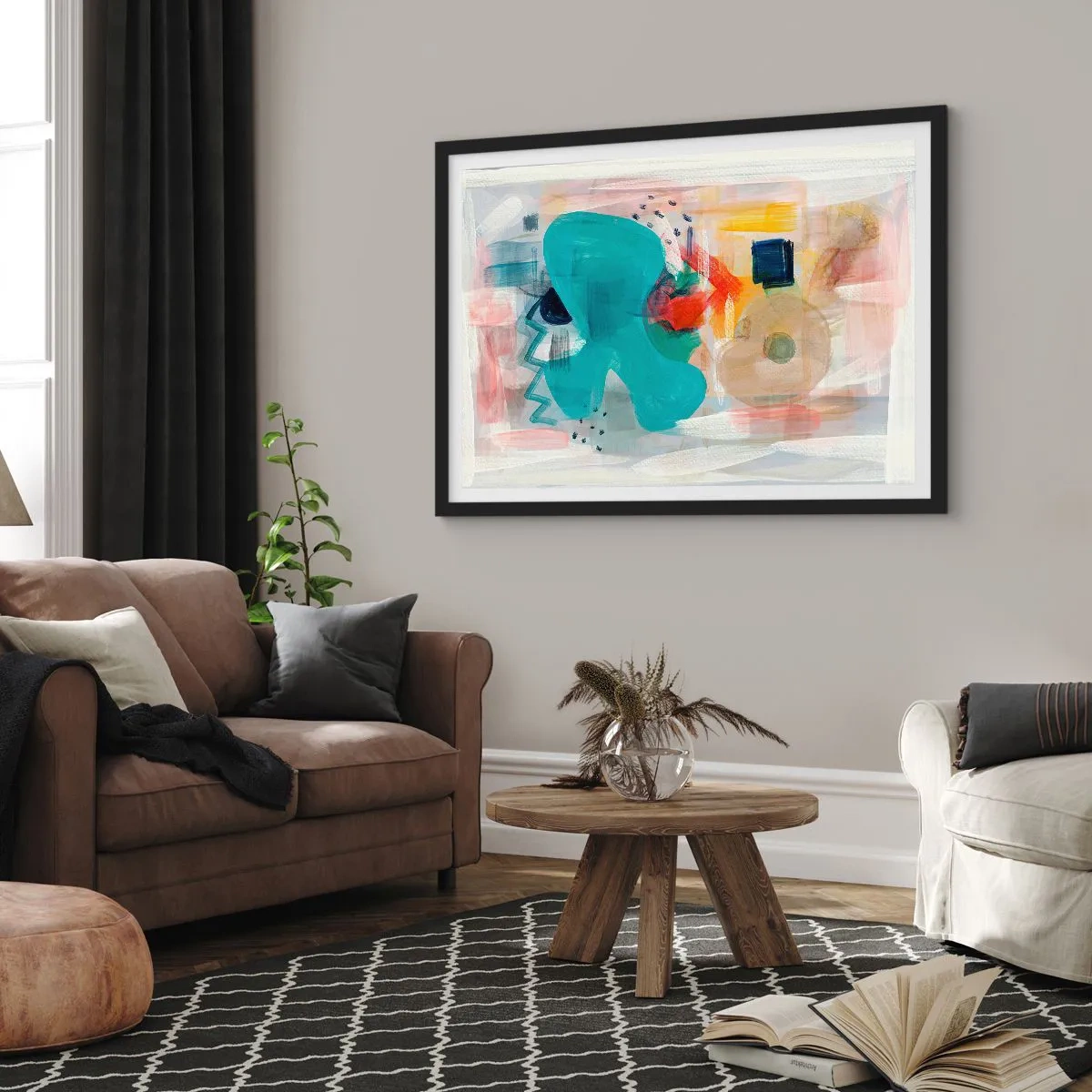 Affiche dans un cadre noir - Poster - Les formes et les couleurs abstraites créent une composition dynamique - 100x70cm - Jeu de couleurs - Décoration murale moderne pour le salon et la chambre ARTTOR