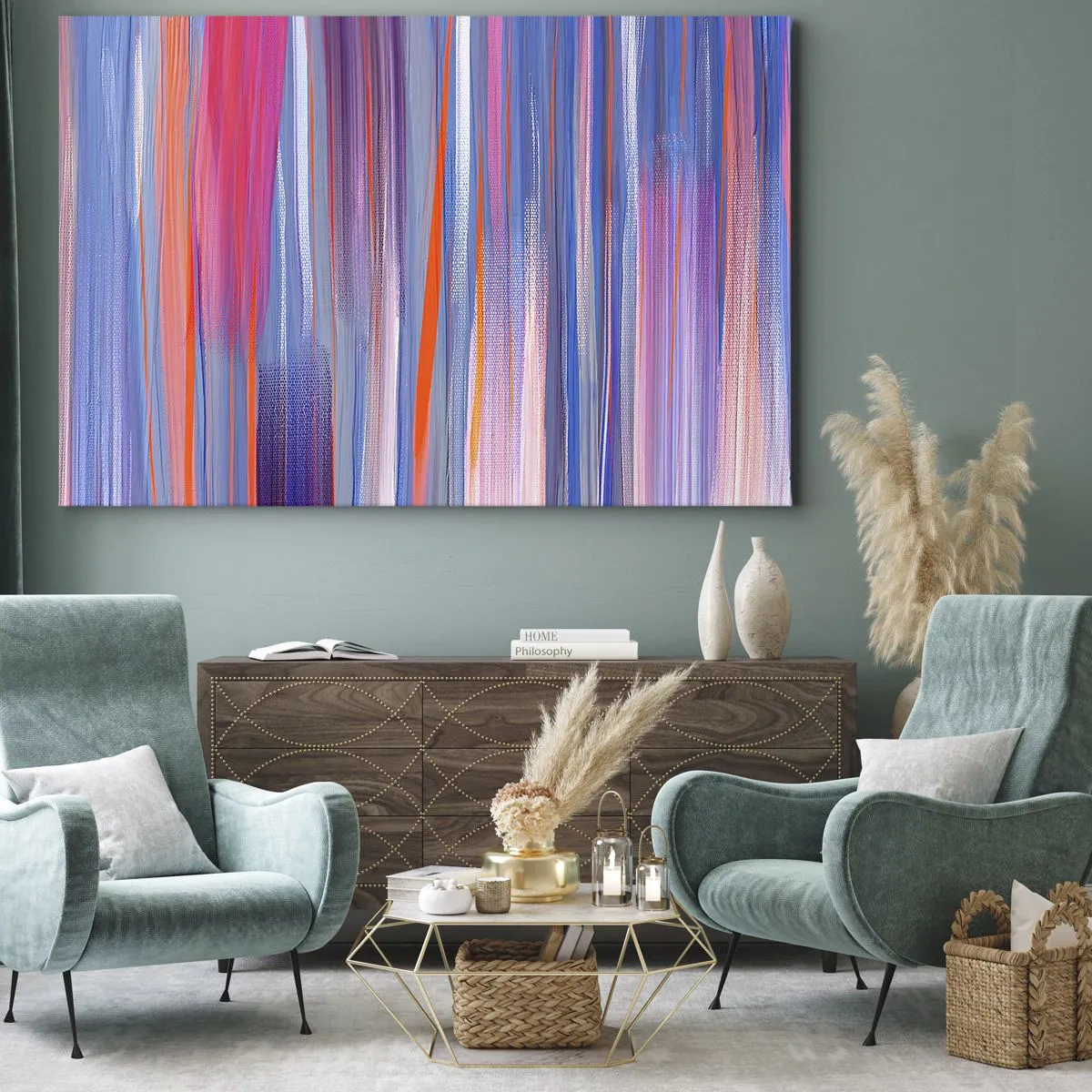 Impression sur toile - Image sur toile - Lignes verticales abstraites dans des tons de bleu et de rose - 70x50cm - Ascension - Décoration murale moderne pour le salon et la chambre ARTTOR
