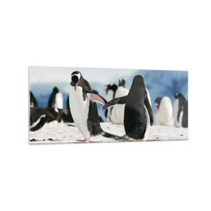 Impression sur verre - Image sur verre - Un groupe de pingouins dans la neige dans un paysage antarctique - 120x50cm - Danser dans la neige - Décoration murale moderne pour le salon et la chambre ARTTOR