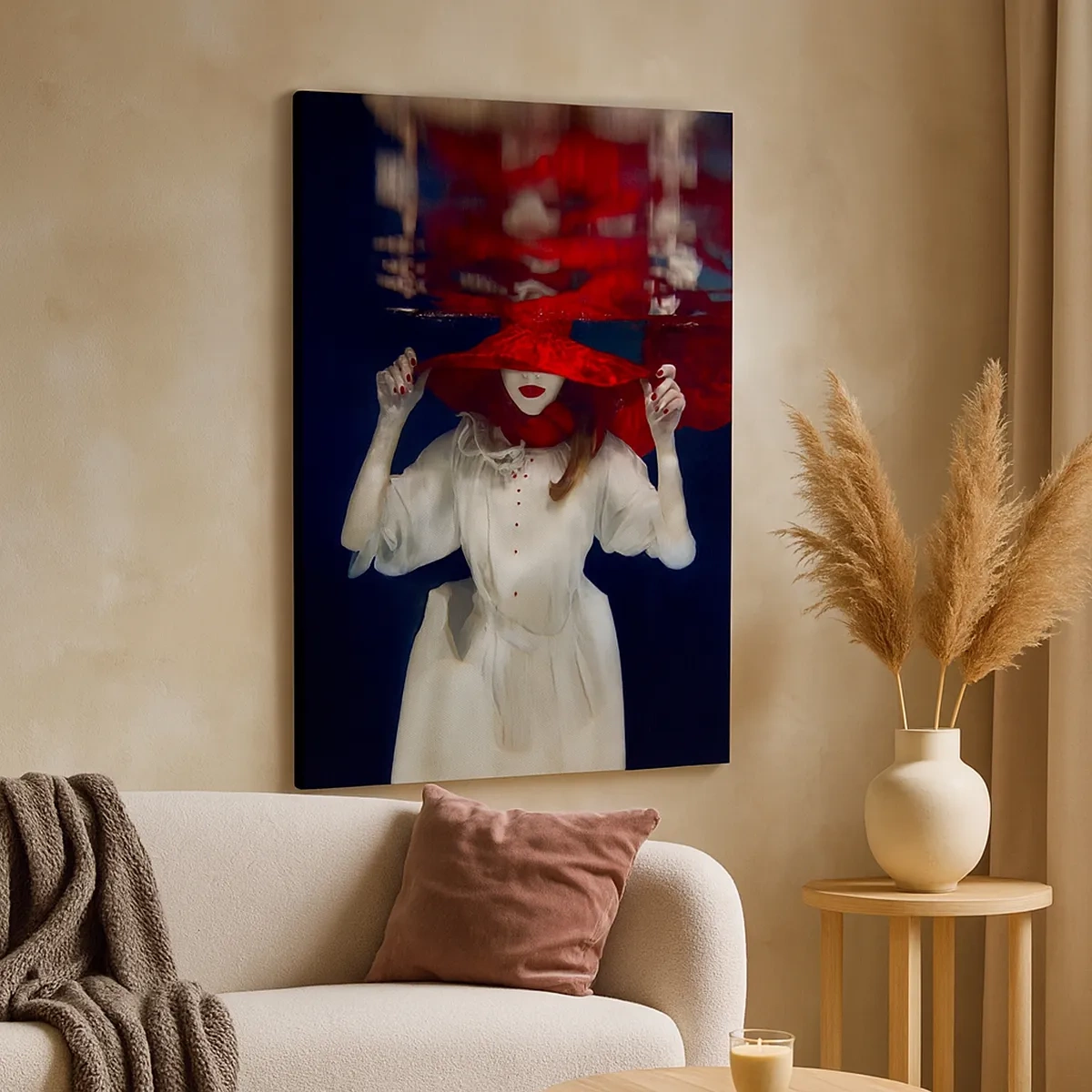 Impression sur toile - Image sur toile - Une femme avec un chapeau rouge immergée dans l'eau - 50x70cm - Femme mystérieuse - Décoration murale moderne pour le salon et la chambre ARTTOR