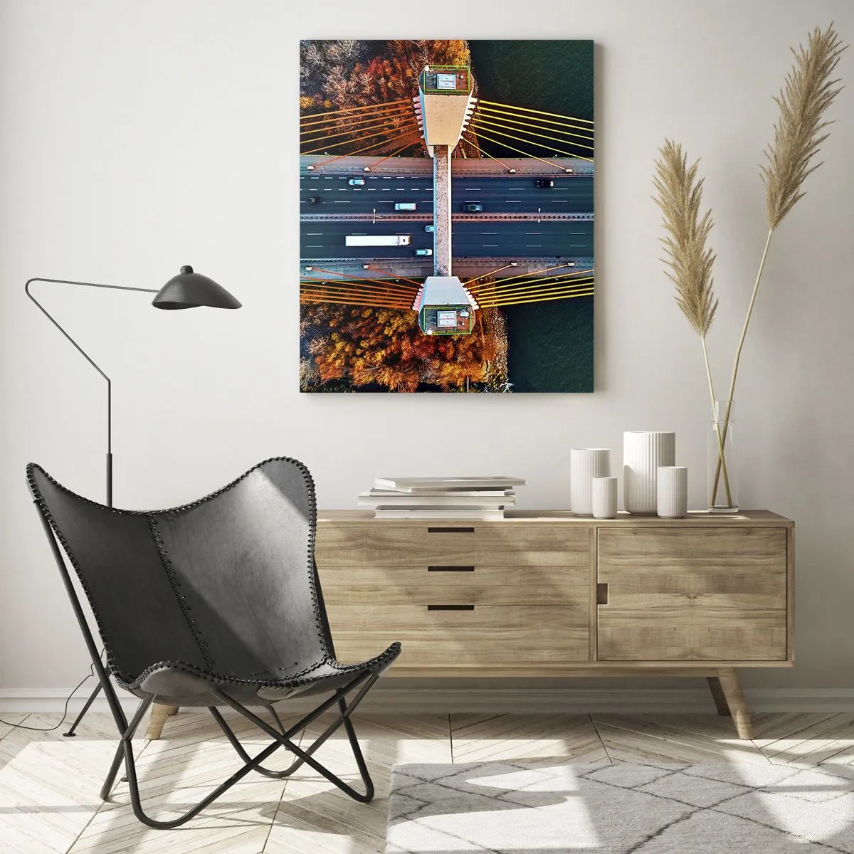 Impression sur verre - Image sur verre - Vue aérienne du pont avec une disposition symétrique des câbles et des voitures - 50x70cm - Au dessus de l'eau et de la forêt - Décoration murale moderne pour le salon et la chambre ARTTOR