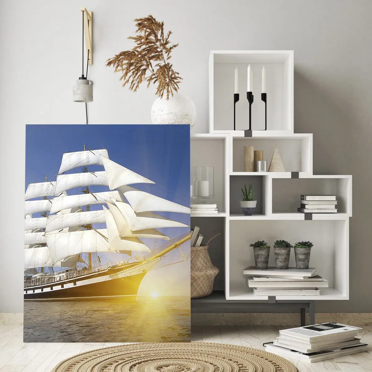 Impression sur verre - Image sur verre - Un voilier en mer à la lumière du soleil couchant - 80x120cm - Leur temps ne passera jamais - Décoration murale moderne pour le salon et la chambre ARTTOR