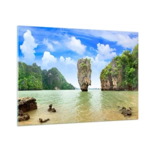 Impression sur verre - Image sur verre - Un rocher dans l'eau entouré d'îles tropicales - 100x70cm - Merveilles rocheuses de la nature - Décoration murale moderne pour le salon et la chambre ARTTOR