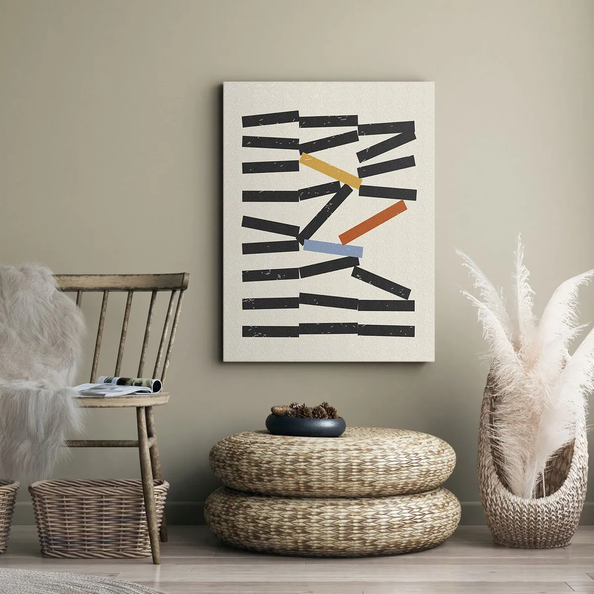 Impression sur toile - Image sur toile - Composition abstraite avec des rectangles colorés et noirs - 50x70cm - Dominos – composition - Décoration murale moderne pour le salon et la chambre ARTTOR