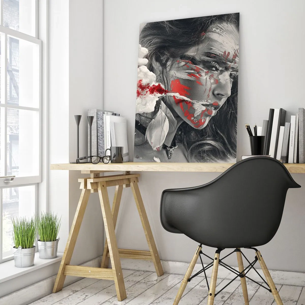 Impression sur verre - Image sur verre - Portrait d'une femme aux motifs abstraits rouges et blancs - 50x70cm - Dans les fumées de l'absurde - Décoration murale moderne pour le salon et la chambre ARTTOR