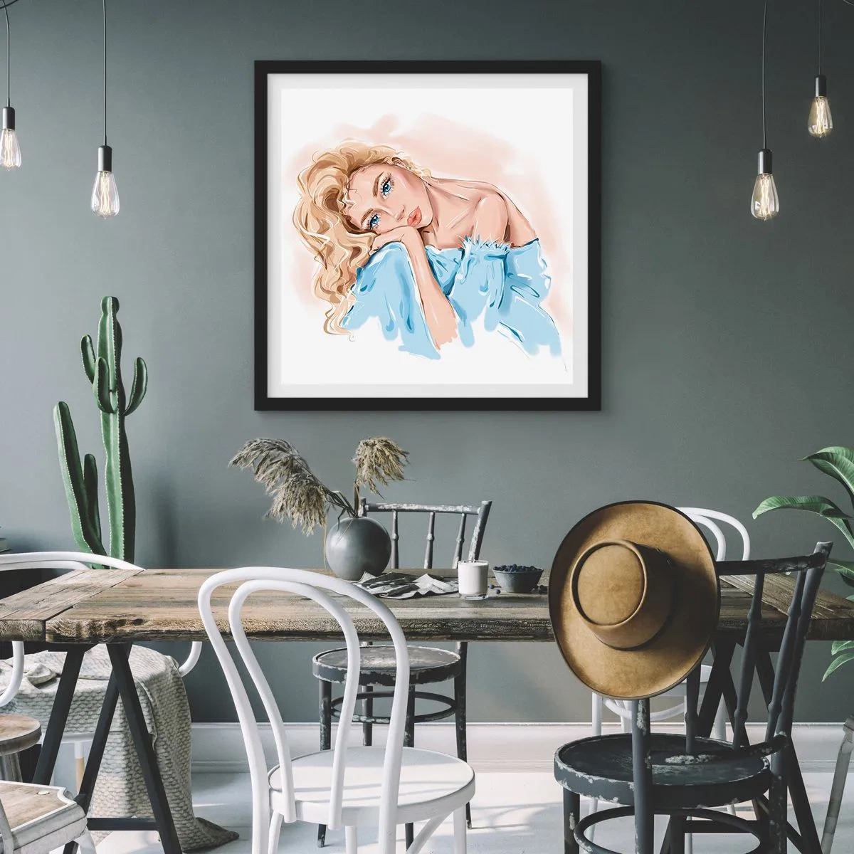 Affiche dans un cadre noir - Poster - Rêveuse en bleu - 40x40 cm