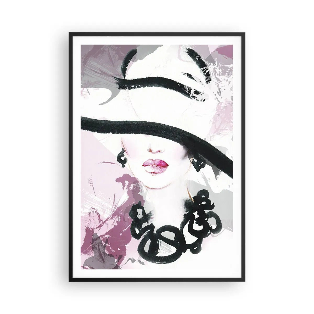 Affiche dans un cadre noir - Poster - Portrait d'une dame en noir et rose - 70x100 cm