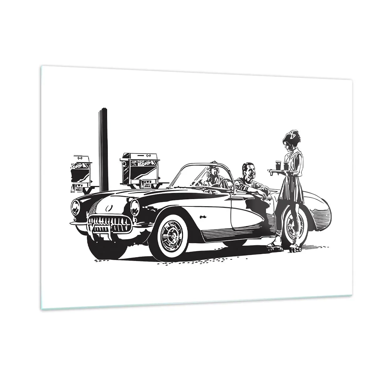 Impression sur verre - Image sur verre - Graphiques créatifs avec une voiture classique et des personnages - 120x80cm - 60's - Amérique insouciante - Décoration murale moderne pour le salon et la chambre ARTTOR