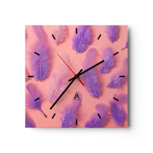 Horloge murale - Pendule murale - Plumes violettes et roses sur fond pastel - 30x30cm - Oiseau de désir lilas - Décoration murale moderne pour le salon et la chambre ARTTOR