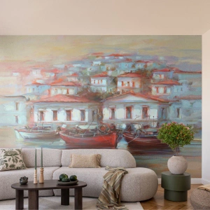 Papier Peint Photo Premium Canvas - Petite ville heureuse - Architecture, Voilier, port - 250x175 cm