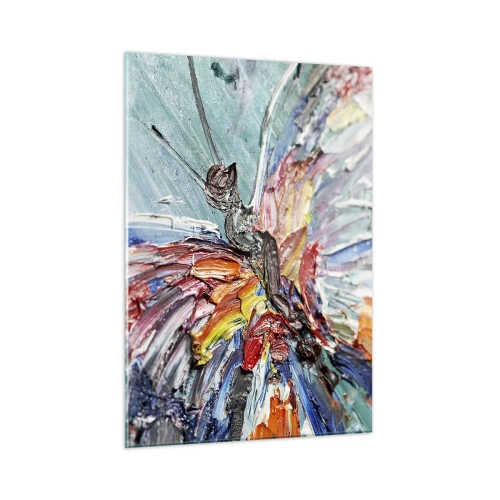 Impression sur verre - Image sur verre - Papillon coloré dans un style abstrait sur fond bleu - 50x70cm - Peint par nature - Décoration murale moderne pour le salon et la chambre ARTTOR