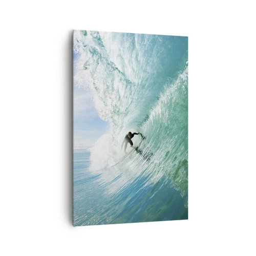 Impression sur toile - Image sur toile - Un surfeur chevauchant une vague au soleil contre un ciel bleu - 80x120cm - Toujours sur la vague - Décoration murale moderne pour le salon et la chambre ARTTOR