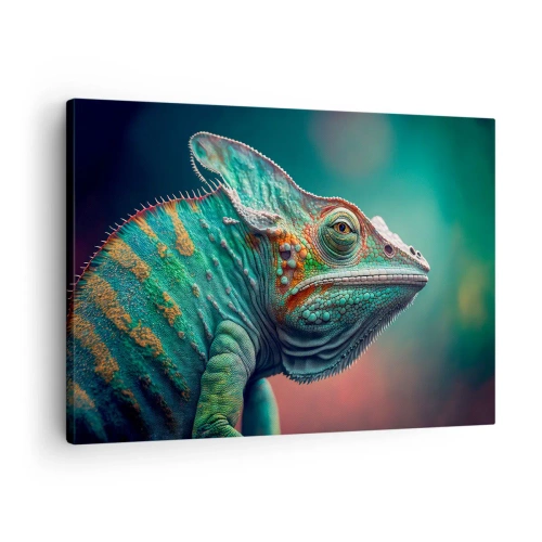 Impression sur toile - Image sur toile - Gros plan d'un caméléon aux couleurs intenses - 70x50cm - Vous me voyez? Pas bien… - Décoration murale moderne pour le salon et la chambre ARTTOR