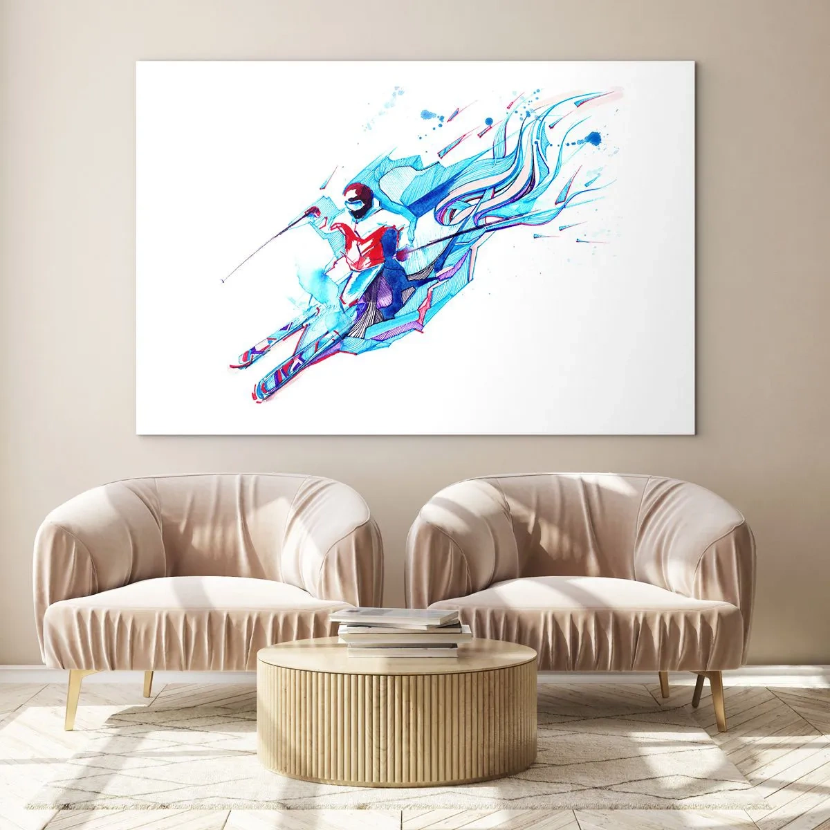 Impression sur verre - Image sur verre - Une figure dynamique d'un skieur aux couleurs abstraites - 120x80cm - Ruée folle vers la joie - Décoration murale moderne pour le salon et la chambre ARTTOR