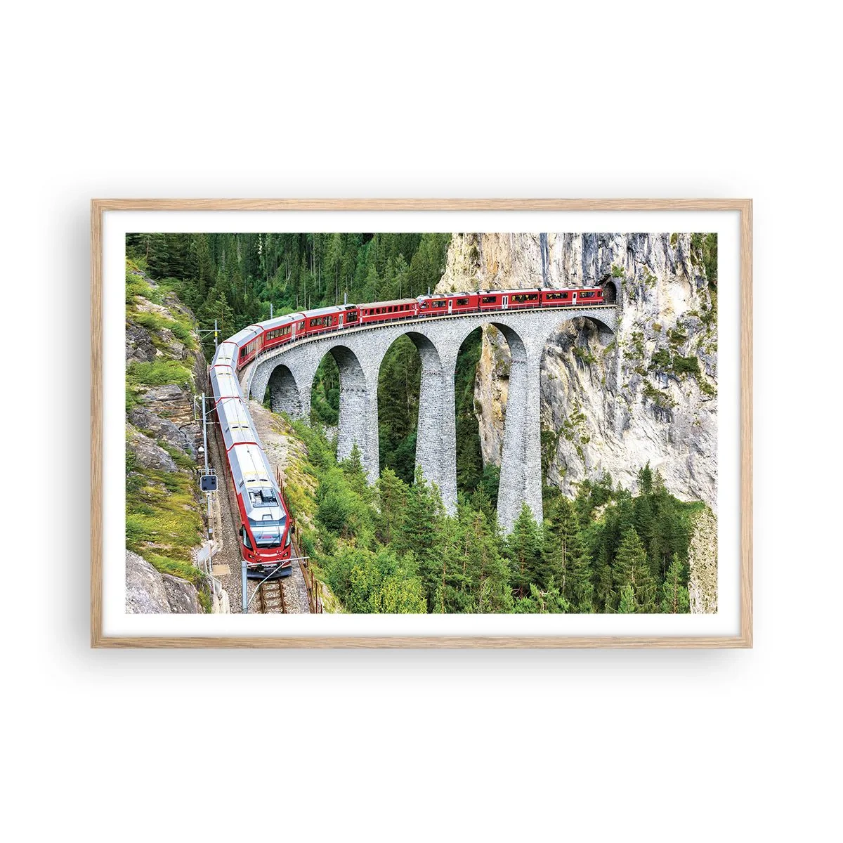 Affiche dans un chêne clair - Poster - Chemin de fer avec vue sur la montagne - 91x61 cm