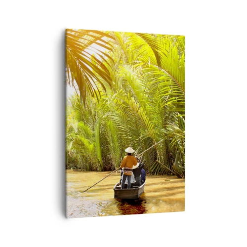 Impression sur toile - Image sur toile - Un bateau sur une rivière entourée de végétation tropicale - 50x70cm - Ravin de palmier - Décoration murale moderne pour le salon et la chambre ARTTOR