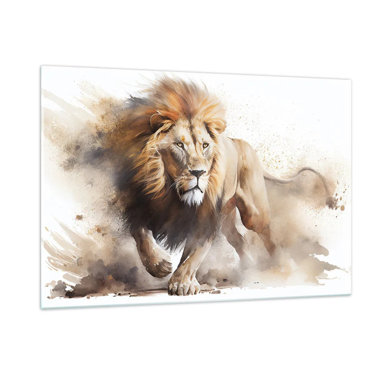 Impression sur verre - Image sur verre - Une photo dynamique de style aquarelle d'un lion en train de courir - 120x80cm - Le roi bougea - Décoration murale moderne pour le salon et la chambre ARTTOR