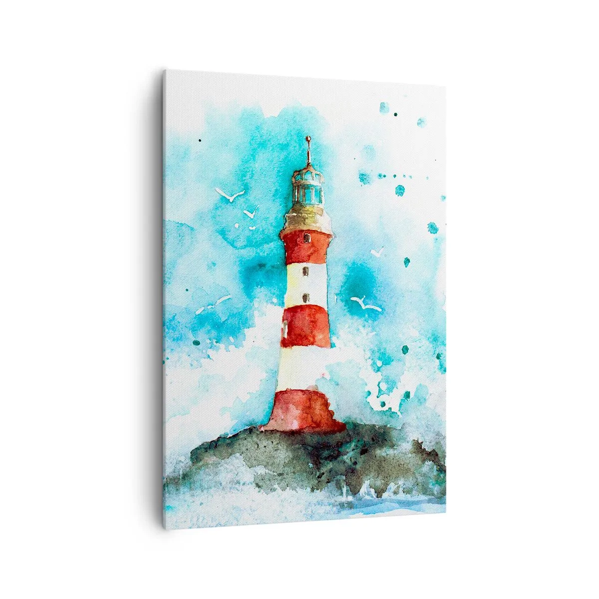 Impression sur toile - Image sur toile - Un phare dans un décor aquarelle sur fond bleu - 70x100cm - Unité des éléments - Décoration murale moderne pour le salon et la chambre ARTTOR