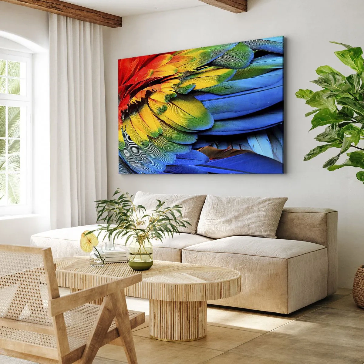 Impression sur toile - Image sur toile - Gros plan des plumes colorées d'un perroquet - 100x70cm - Oiseau de paradis - Décoration murale moderne pour le salon et la chambre ARTTOR