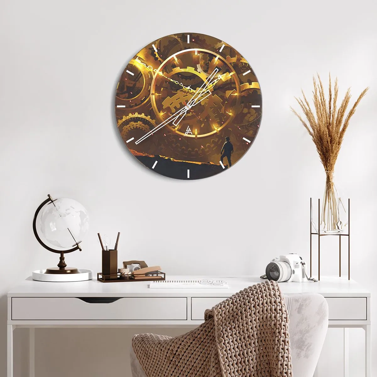 Horloge murale - Pendule murale - Engrenages en or dans un style mécanique et industriel - 30x30cm - À la source du temps - Décoration murale moderne pour le salon, la cuisine et la chambre ARTTOR