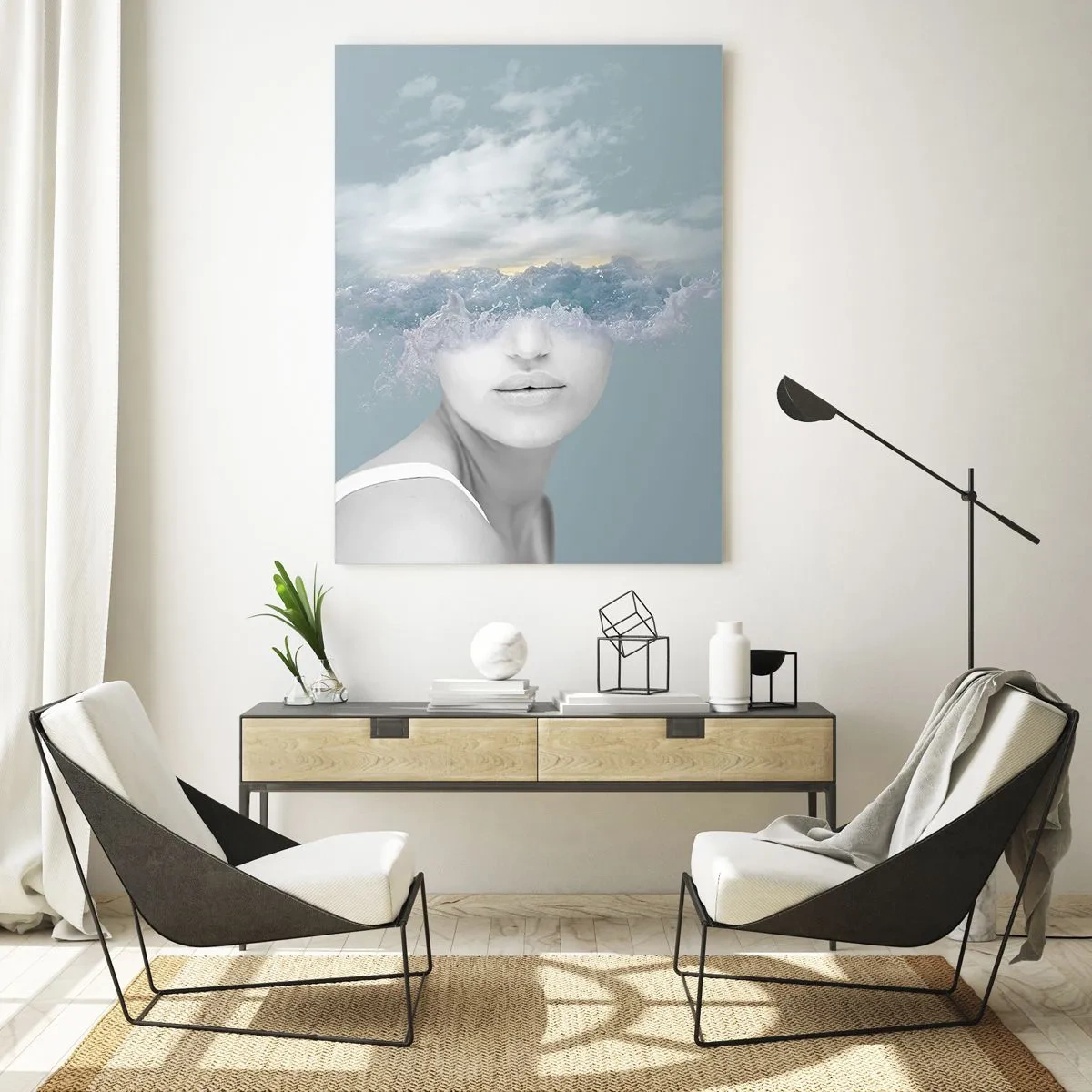 Impression sur verre - Image sur verre - Portrait d'une femme avec son visage caché derrière les nuages et les vagues - 70x100cm - La tête dans les nuages - Décoration murale moderne pour le salon et la chambre ARTTOR
