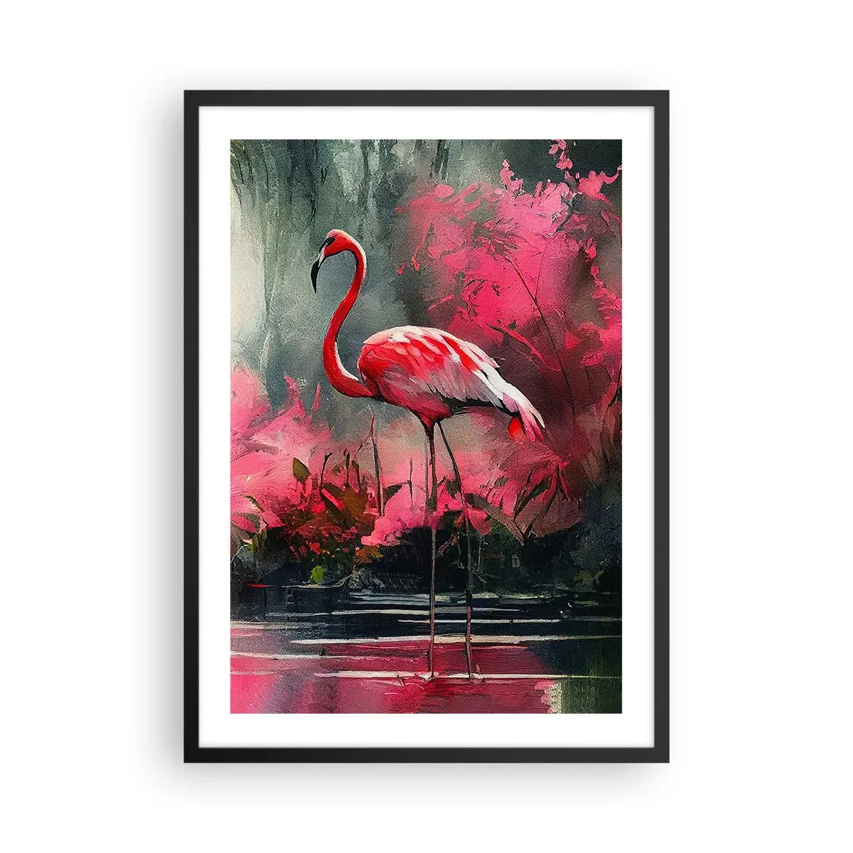 Affiche dans un cadre noir - Poster - Un flamant rose entouré de végétation rose au bord de l'eau - 50x70cm - Une leçon de grâce naturelle - Décoration murale moderne pour le salon et la chambre ARTTOR
