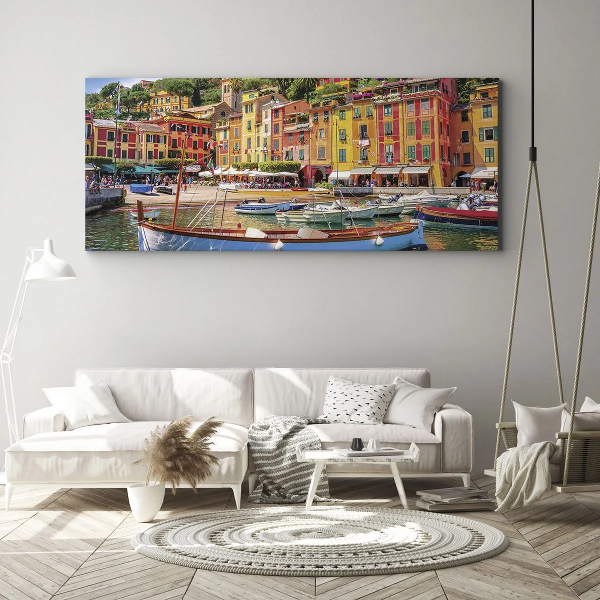 Impression sur toile - Image sur toile - Maisons de ville colorées et bateaux dans une ville balnéaire italienne - 160x50cm - Matinée italienne - Décoration murale moderne pour le salon et la chambre ARTTOR