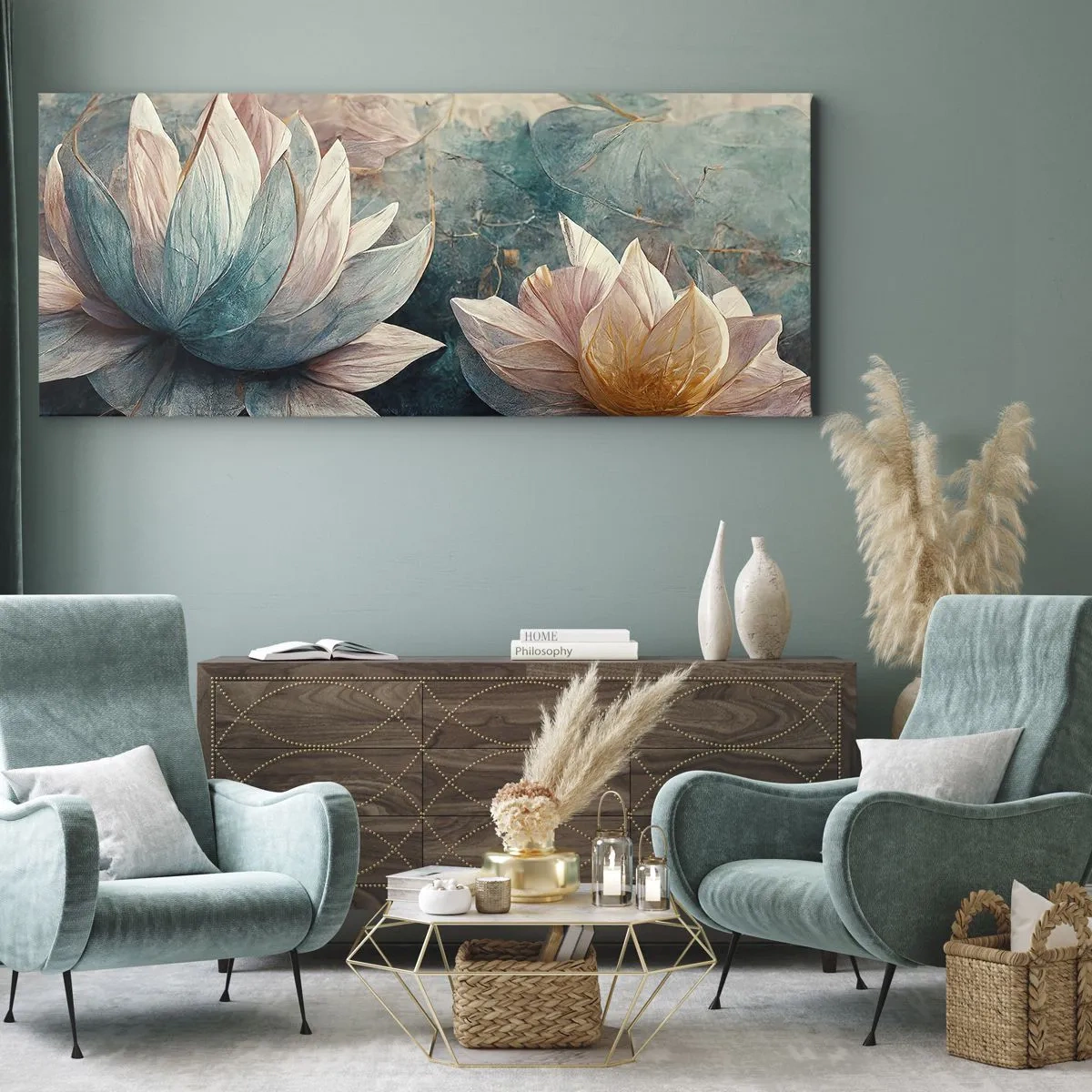 Impression sur toile - Image sur toile - De subtils nénuphars aux tons pastel de bleu et d'or - 160x50cm - Les étoiles du lac - Décoration murale moderne pour le salon et la chambre ARTTOR