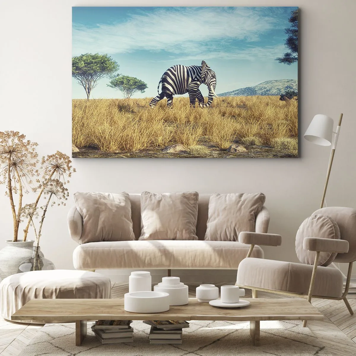 Impression sur toile - Image sur toile - Zèbre dans un paysage africain - 100x70cm - Le gris n'est déjà plus à la mode - Décoration murale moderne pour le salon et la chambre ARTTOR