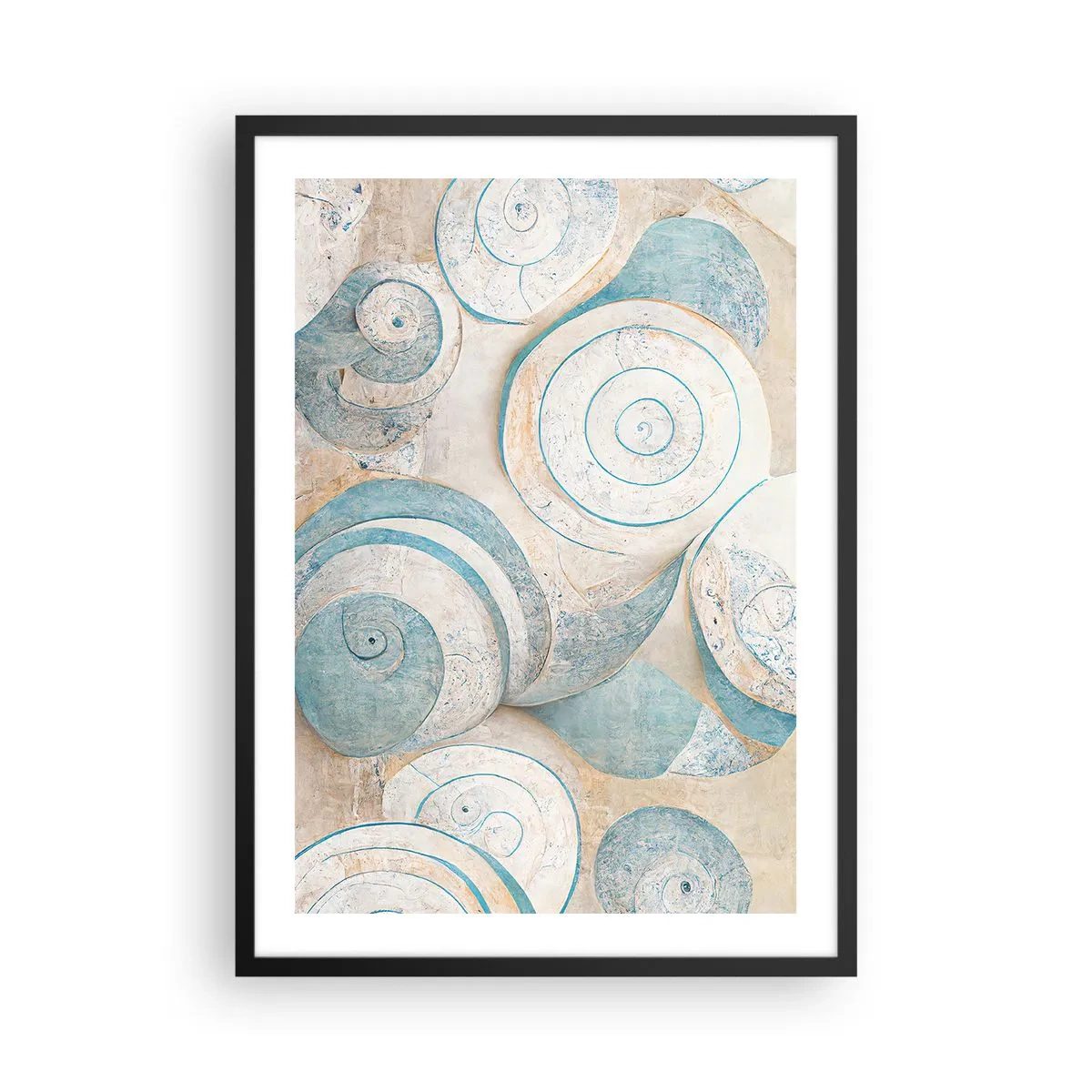 Affiche dans un cadre noir - Poster - Spirales abstraites dans les tons de bleu et de beige - 50x70cm - Que cache la coque ? - Décoration murale moderne pour le salon et la chambre ARTTOR