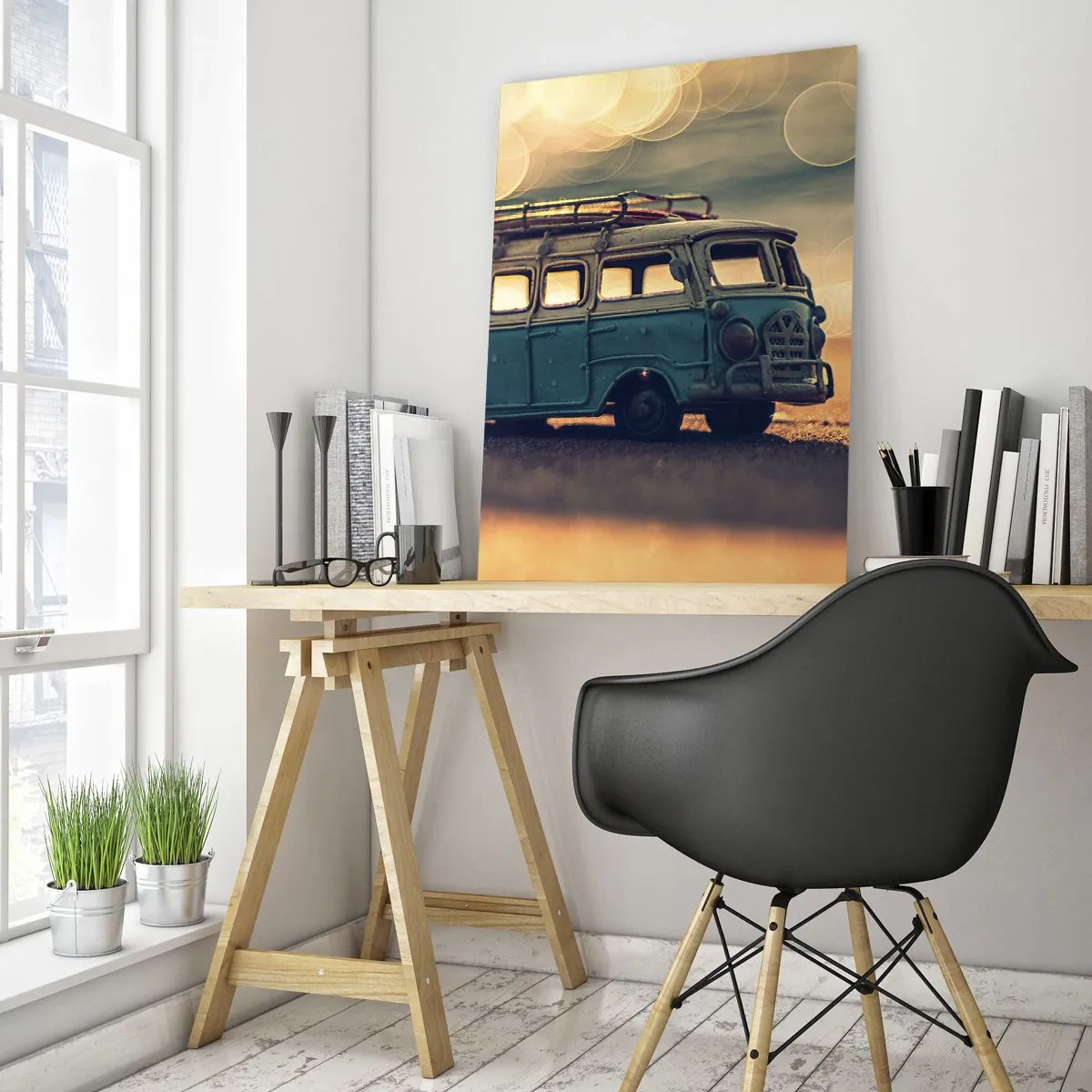 Impression sur verre - Image sur verre - Bus rétro contre une lumière floue - 80x120cm - La fin des idoles : argent et travail - Décoration murale moderne pour le salon et la chambre ARTTOR