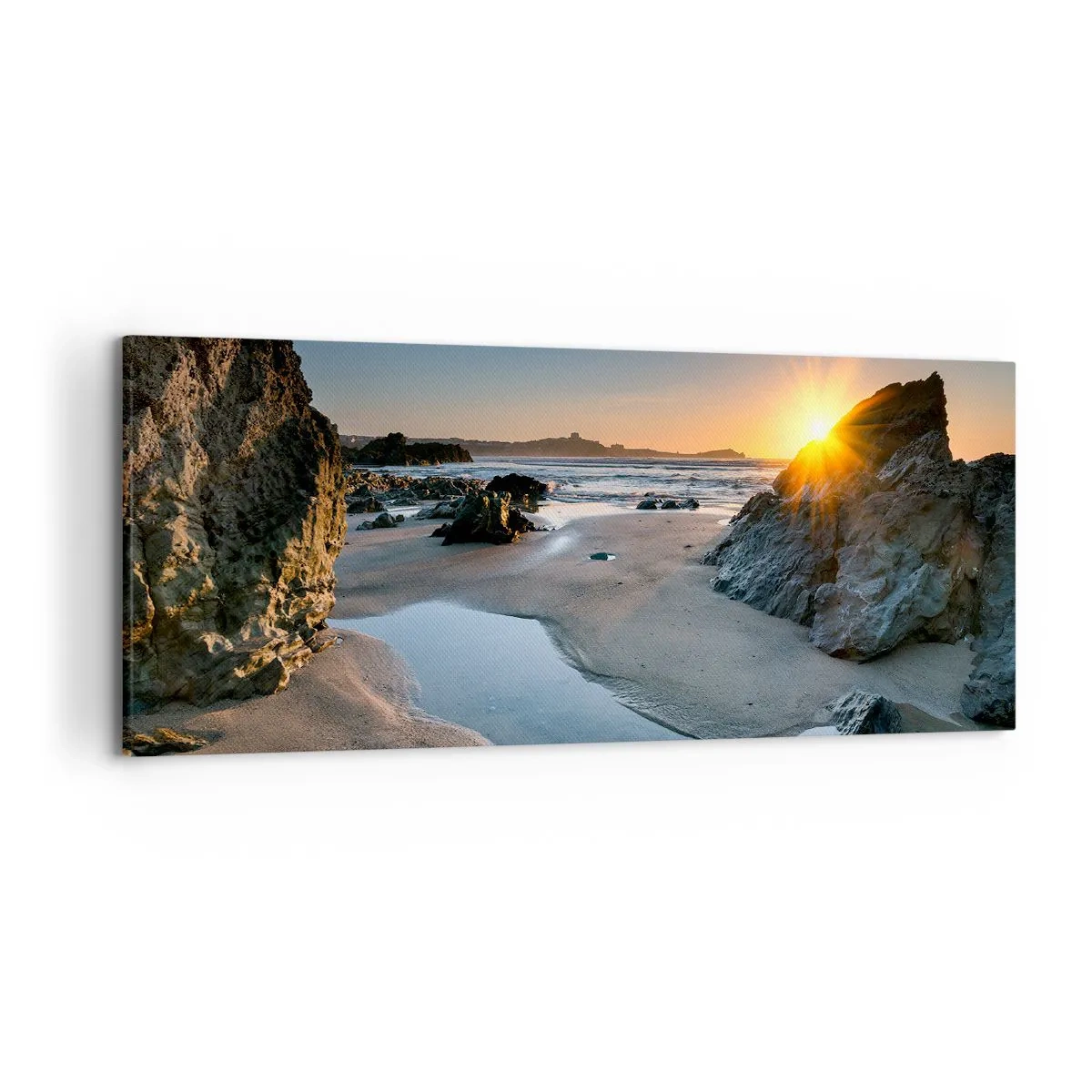 Impression sur toile - Image sur toile - Coucher de soleil pittoresque sur une plage rocheuse - 120x50cm - Intouché par la main de l'homme - Décoration murale moderne pour le salon et la chambre ARTTOR