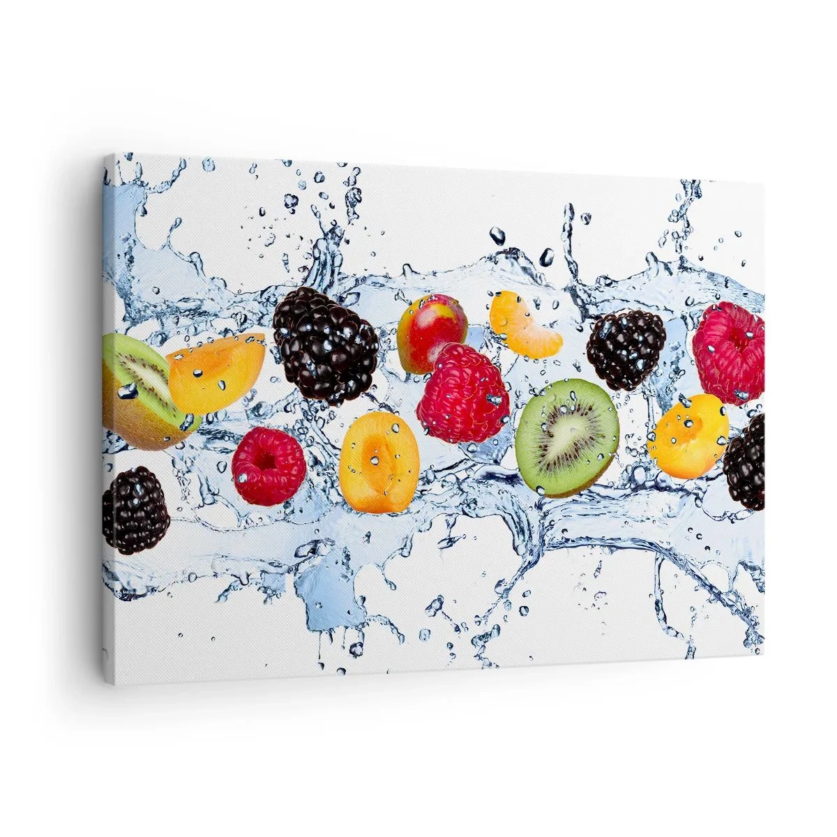 Impression sur toile - Image sur toile - Fruits colorés immergés dans des éclaboussures d'eau sur un fond blanc - 70x50cm - Amusez-vous avec nous - Décoration murale moderne pour le salon et la chambre ARTTOR