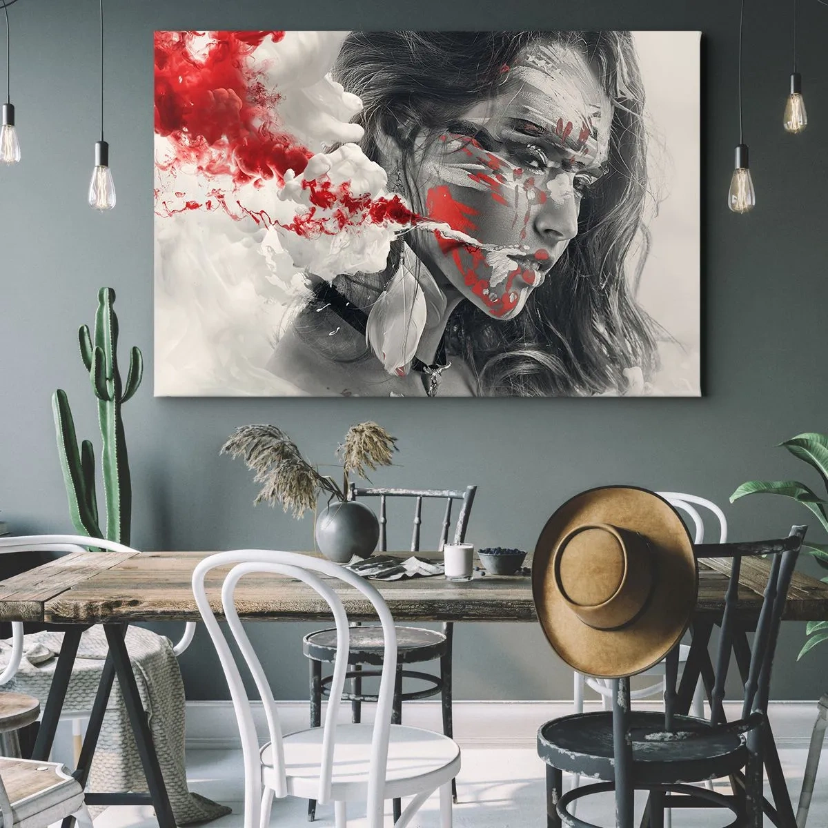 Impression sur toile - Image sur toile - Portrait artistique d'une femme aux accents rouges abstraits - 70x50cm - Dans les fumées de l'absurde - Décoration murale moderne pour le salon et la chambre ARTTOR